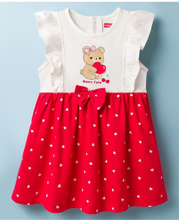 Babyhug Cotton Knit Frock with Bloomers/Shorts, Ruffled Sleeves, Bear Print, Bow Detail Red 0-3 Months