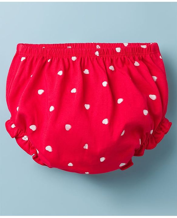 Babyhug Cotton Knit Frock with Bloomers/Shorts, Ruffled Sleeves, Bear Print, Bow Detail Red 0-3 Months