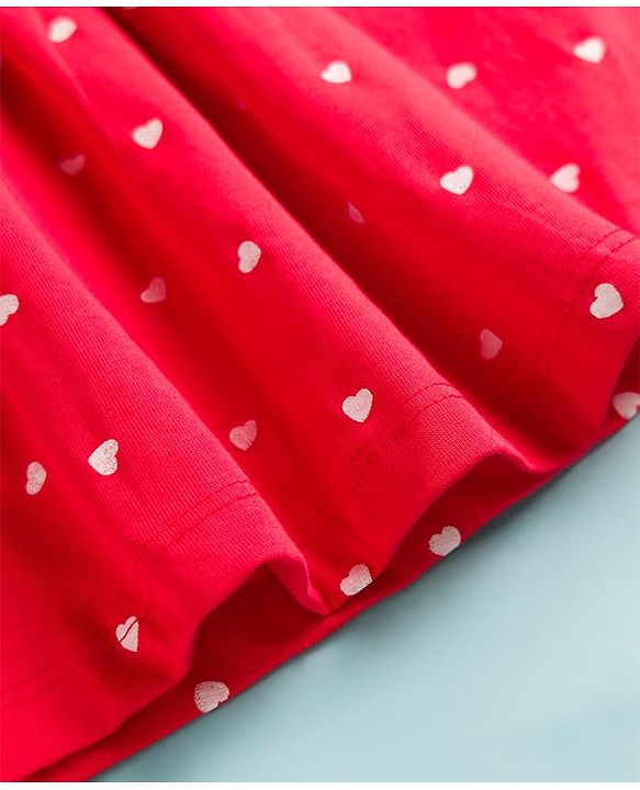 Babyhug Cotton Knit Frock with Bloomers/Shorts, Ruffled Sleeves, Bear Print, Bow Detail Red 0-3 Months