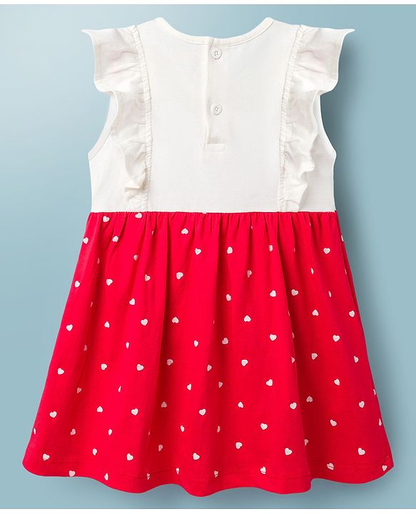 Babyhug Cotton Knit Frock with Bloomers/Shorts, Ruffled Sleeves, Bear Print, Bow Detail Red 0-3 Months