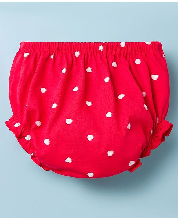 Babyhug Cotton Knit Frock with Bloomers/Shorts, Ruffled Sleeves, Bear Print, Bow Detail Red 0-3 Months