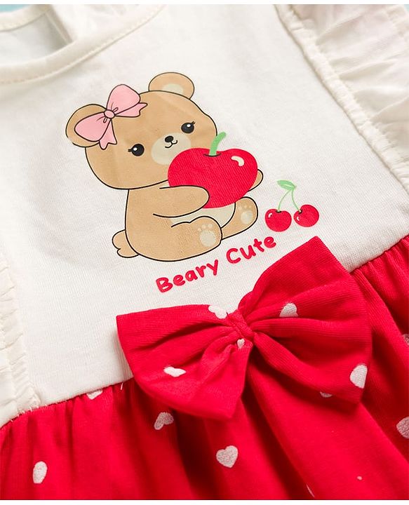 Babyhug Cotton Knit Frock with Bloomers/Shorts, Ruffled Sleeves, Bear Print, Bow Detail Red 0-3 Months
