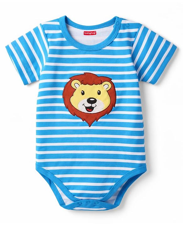 Babyhug 100% Cotton Knit Half Sleeves Striped & Lion Embroidered Onesie with Leggings & Cap - Multicolor