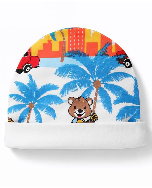 Babyhug 100% Cotton Knit Half Sleeves Striped & Lion Embroidered Onesie with Leggings & Cap - Multicolor