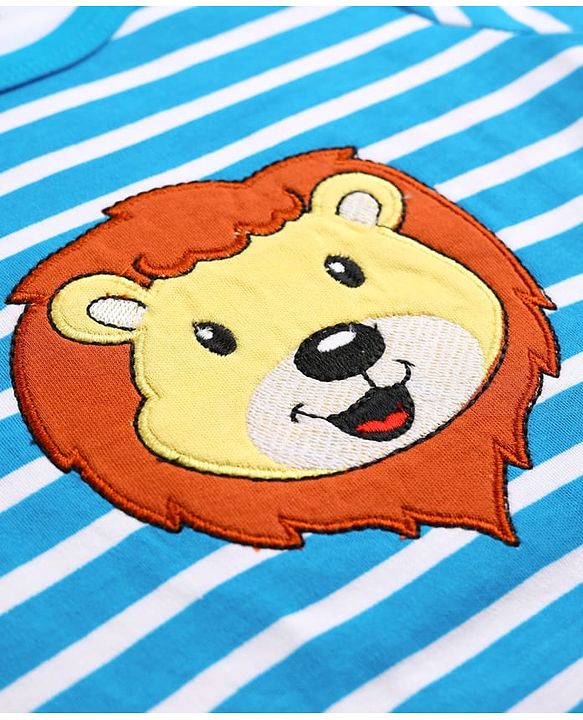 Babyhug 100% Cotton Knit Half Sleeves Striped & Lion Embroidered Onesie with Leggings & Cap - Multicolor