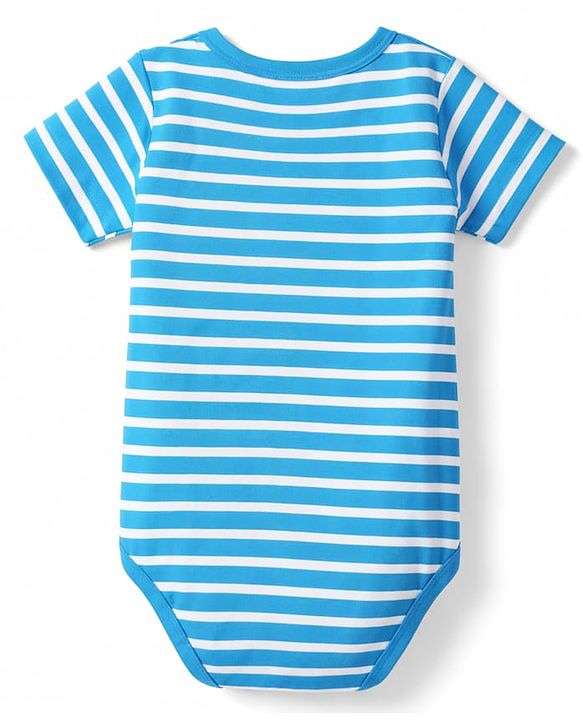 Babyhug 100% Cotton Knit Half Sleeves Striped & Lion Embroidered Onesie with Leggings & Cap - Multicolor