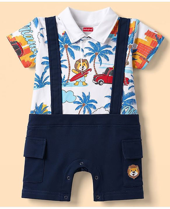 Babyhug 100% Cotton Interlock Knit Half Sleeves Romper With Tropical Print - Blue