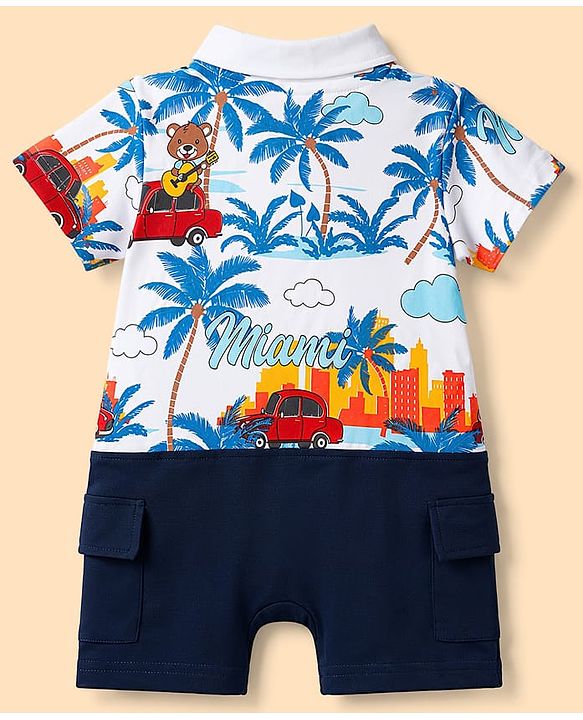 Babyhug 100% Cotton Interlock Knit Half Sleeves Romper With Tropical Print - Blue