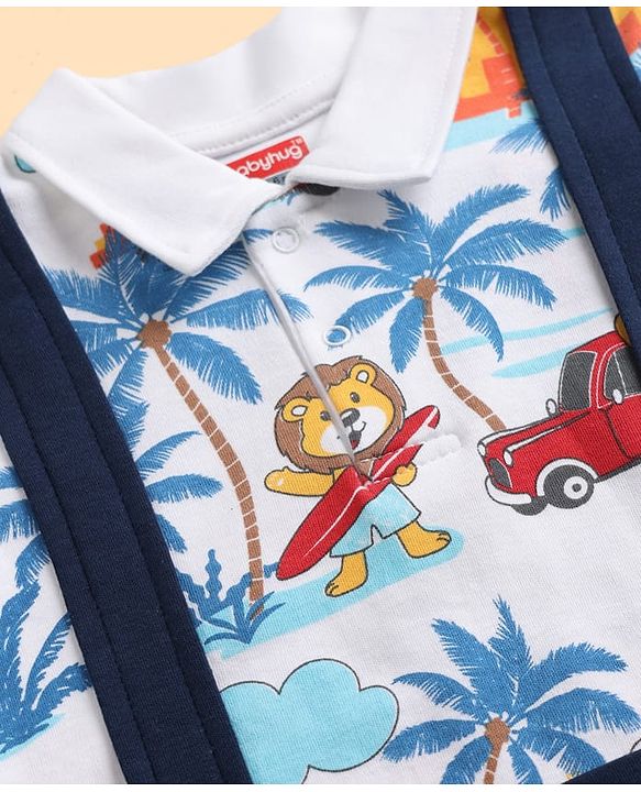 Babyhug 100% Cotton Interlock Knit Half Sleeves Romper With Tropical Print - Blue