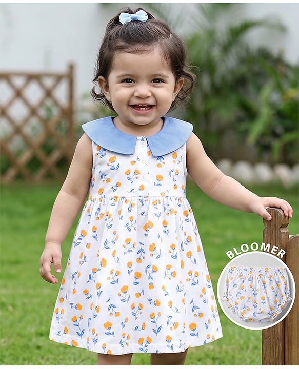 Babyhug Single Jersey Knit Sleeveless Frock with Floral Print & Bloomer - White