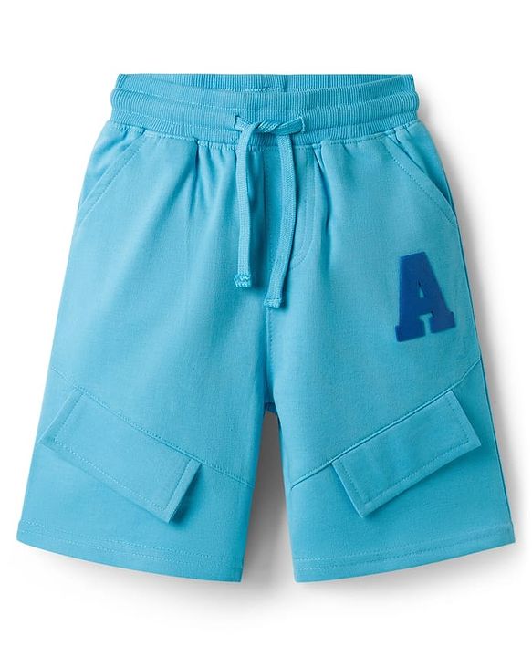 Pine Kids Looper Knit Knee Length Solid Colour Shorts with Alphabet Badge - Aqua Blue