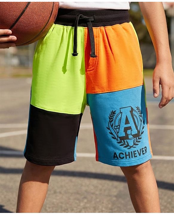 Pine Kids 100% Cotton Knit Cut N Sew Shorts With Text Print - Multicolour