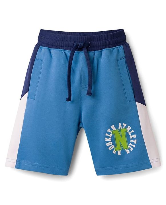 Pine Kids Looper Knit Knee Length Solid Colour Shorts with Text Print - Light Blue