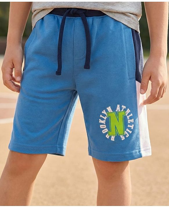 Pine Kids Looper Knit Knee Length Solid Colour Shorts with Text Print - Light Blue