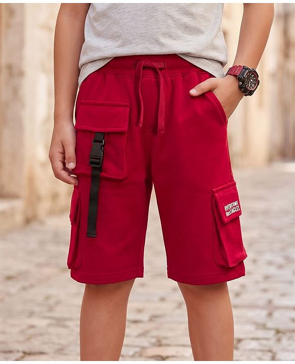 Pine Kids Looper Knit Solid Shorts With Cargo Pockets - Maroon