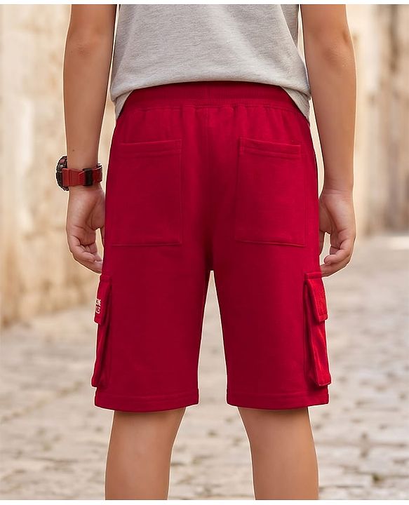 Pine Kids Looper Knit Solid Shorts With Cargo Pockets - Maroon