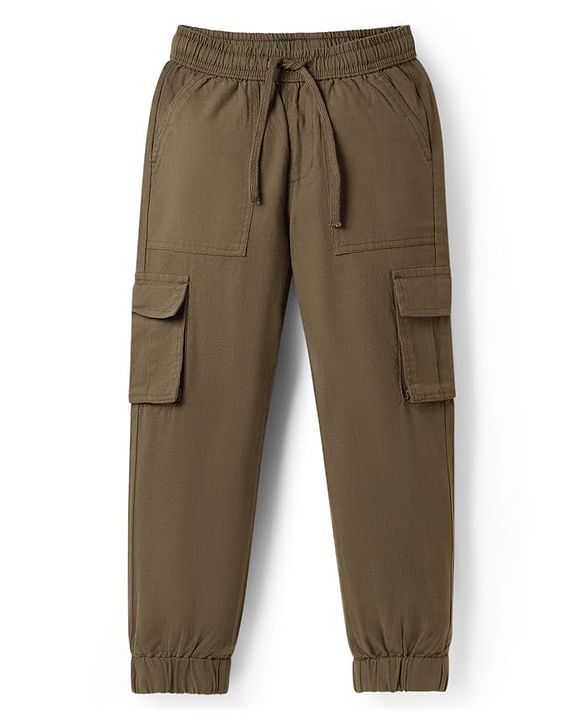 Pine Kids Cotton Elastane Woven Full Length Solid Trouser - Olive Green