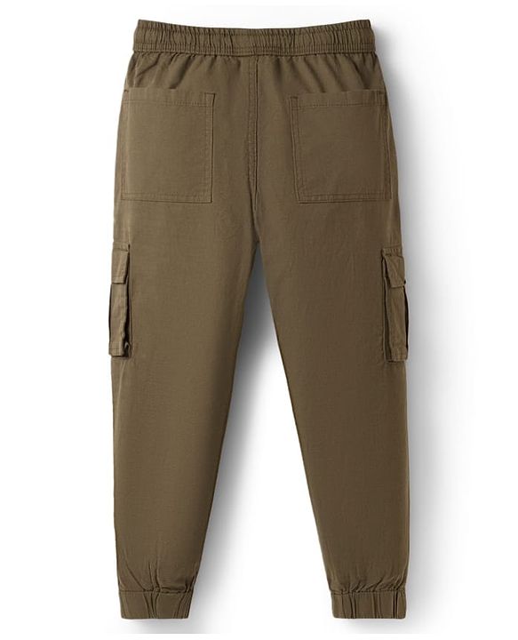 Pine Kids Cotton Elastane Woven Full Length Solid Trouser - Olive Green