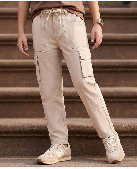 Pine Kids Cotton Elastane Woven Full Length Solid Color Trouser - Beige
