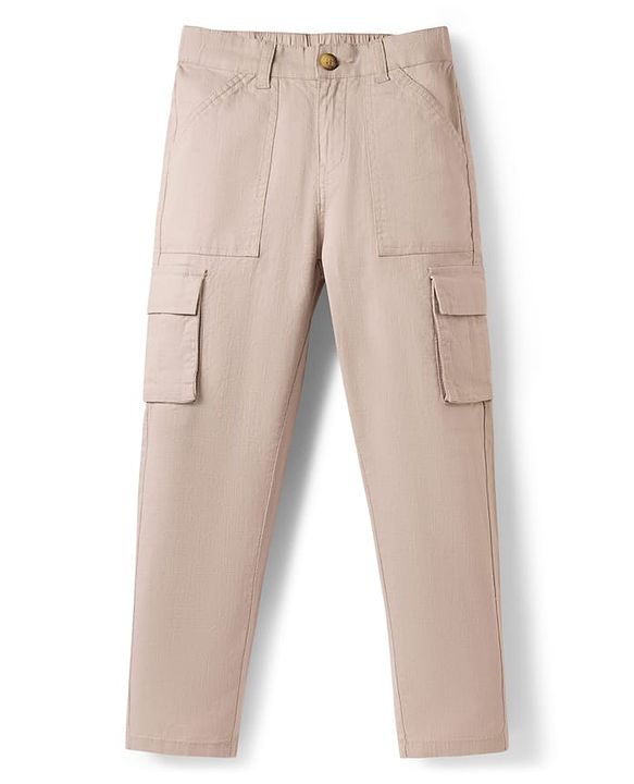 Pine Kids Cotton Elastane Woven Full Length Solid Color Trouser - Beige