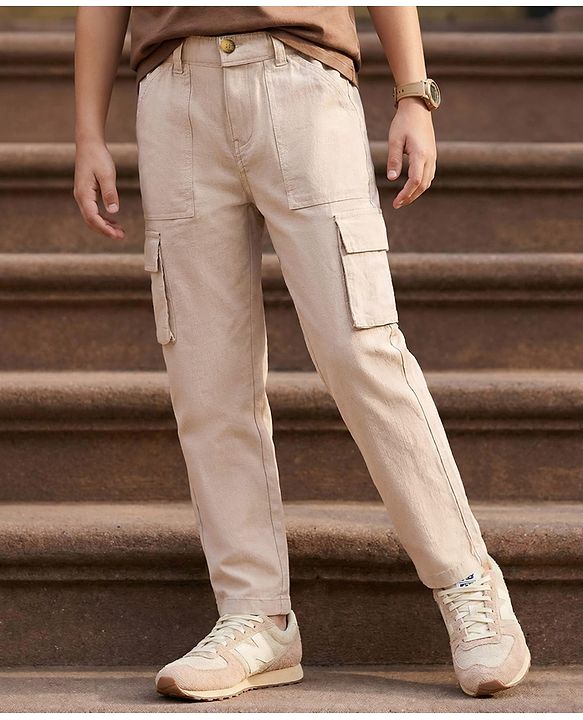 Pine Kids Cotton Elastane Woven Full Length Solid Color Trouser - Beige