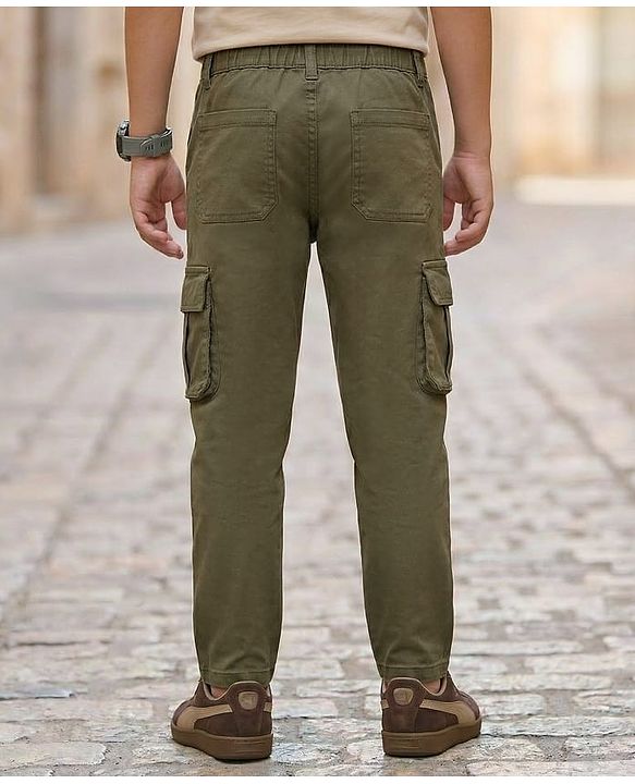 Pine Kids Cotton Elastane Woven Full Length Solid Color Trouser with Pocket - Olive Green