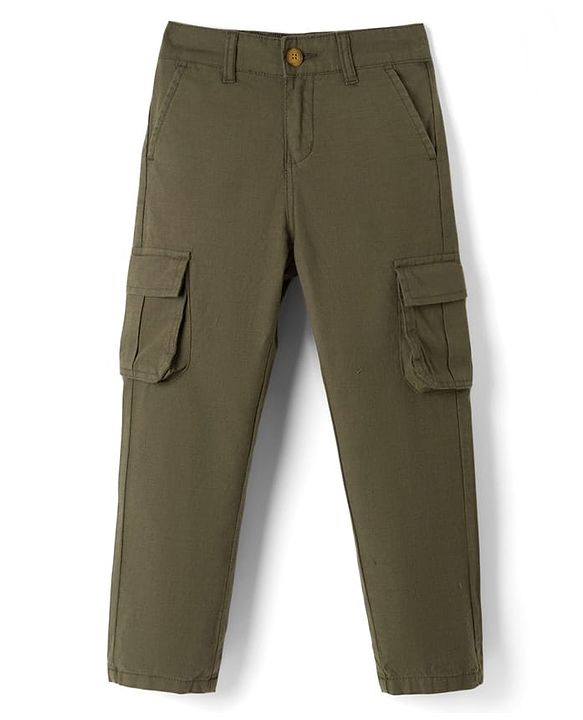 Pine Kids Cotton Elastane Woven Full Length Solid Color Trouser with Pocket - Olive Green