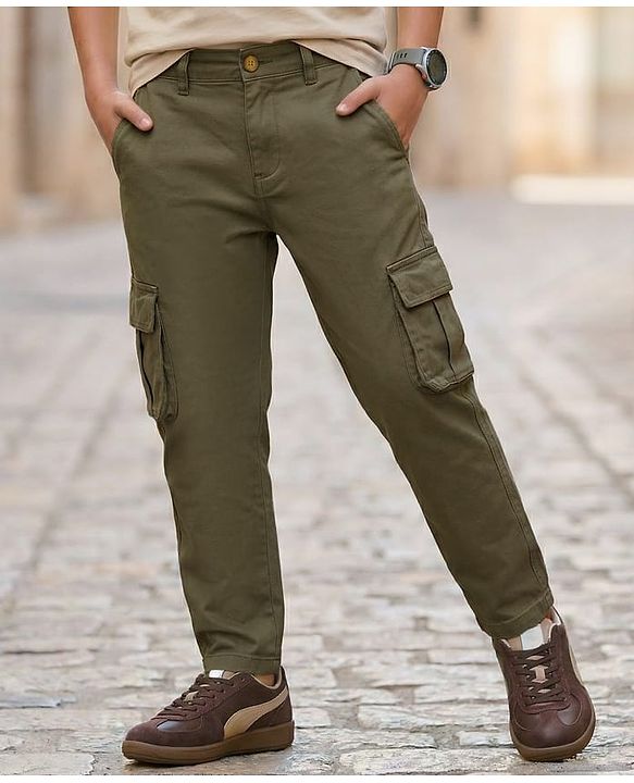 Pine Kids Cotton Elastane Woven Full Length Solid Color Trouser with Pocket - Olive Green