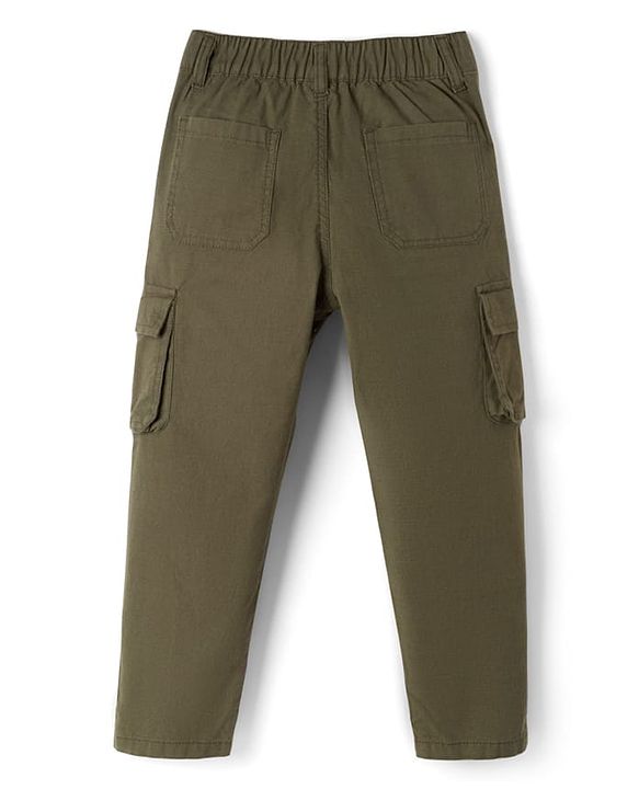 Pine Kids Cotton Elastane Woven Full Length Solid Color Trouser with Pocket - Olive Green