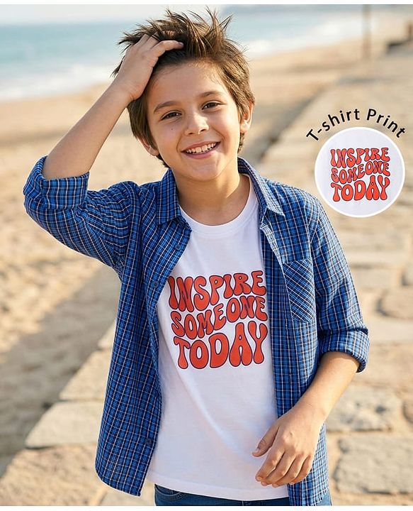 Pine Kids Cotton Woven Half Sleeves Checkered Shirt with Text Printed T-Shirt - Navy Blue