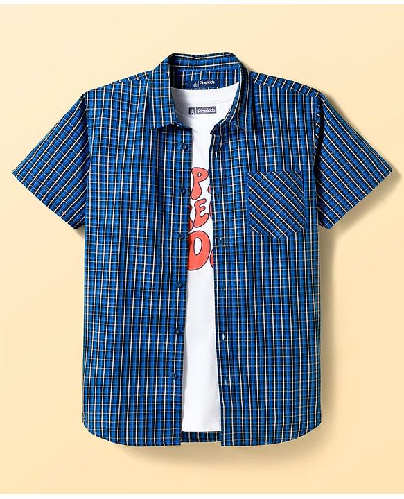 Pine Kids Cotton Woven Half Sleeves Checkered Shirt with Text Printed T-Shirt - Navy Blue