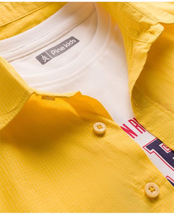 Pine Kids 7-8Y Male Yellow 100% Cotton Woven Half Sleeves Solid Shirt & Sleeveless Tank T-Shirt with Text Print