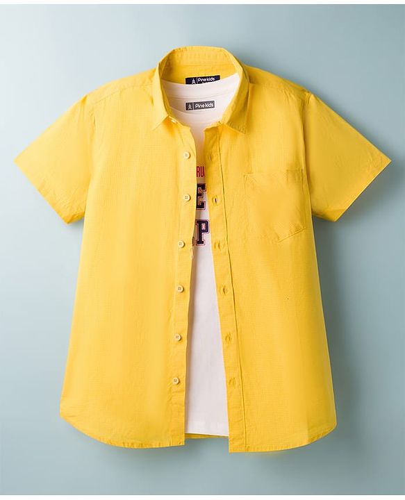 Pine Kids 7-8Y Male Yellow 100% Cotton Woven Half Sleeves Solid Shirt & Sleeveless Tank T-Shirt with Text Print