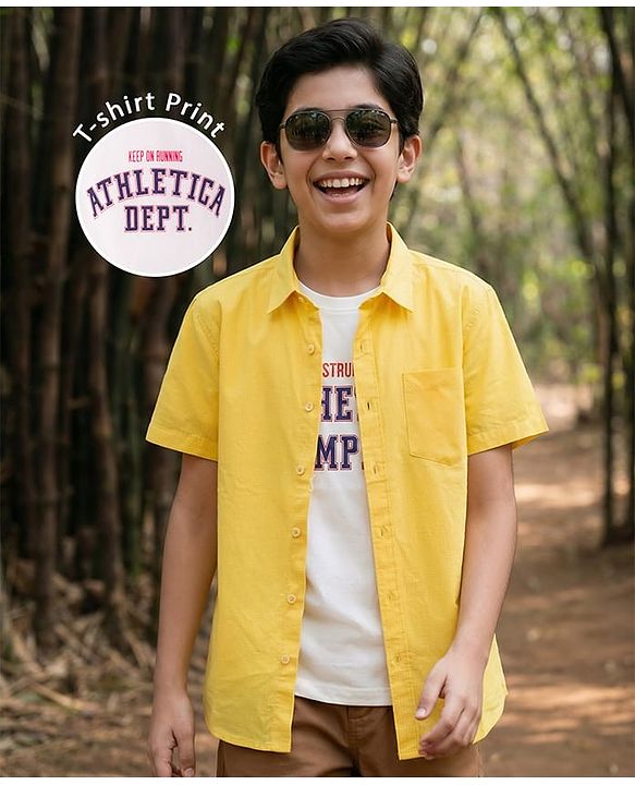 Pine Kids 7-8Y Male Yellow 100% Cotton Woven Half Sleeves Solid Shirt & Sleeveless Tank T-Shirt with Text Print