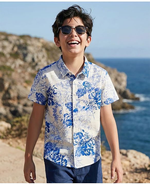 Pine Kids 100% Cotton Knit Half Sleeves Floral Printed Shirt - Multicolour