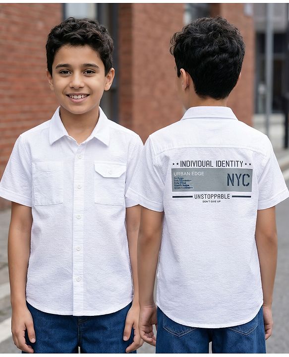 Pine Kids Cotton Woven Half Sleeves Text Printed Shirt - White