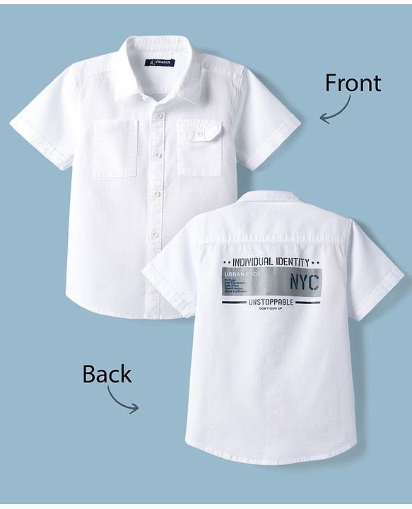 Pine Kids Cotton Woven Half Sleeves Text Printed Shirt - White