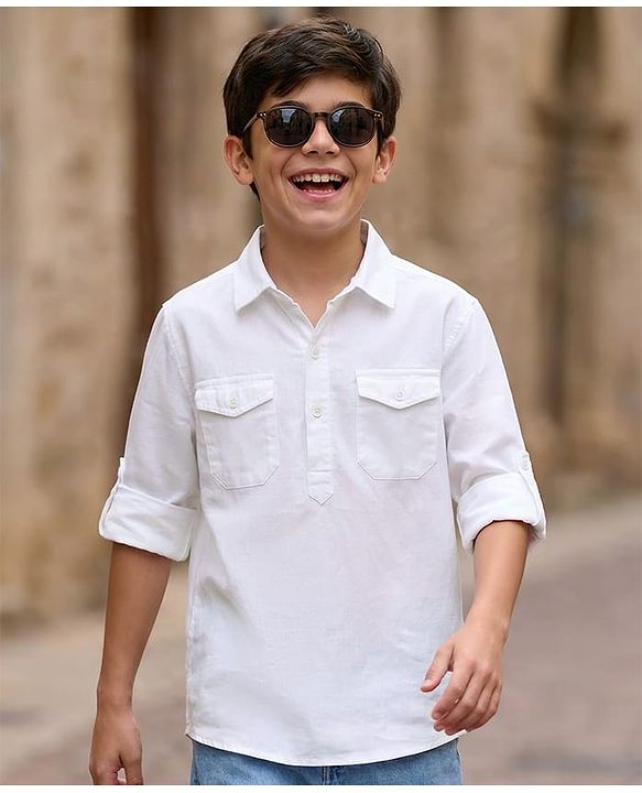 Pine Kids 100% Cotton Woven Full Sleeves Solid Shirt - White