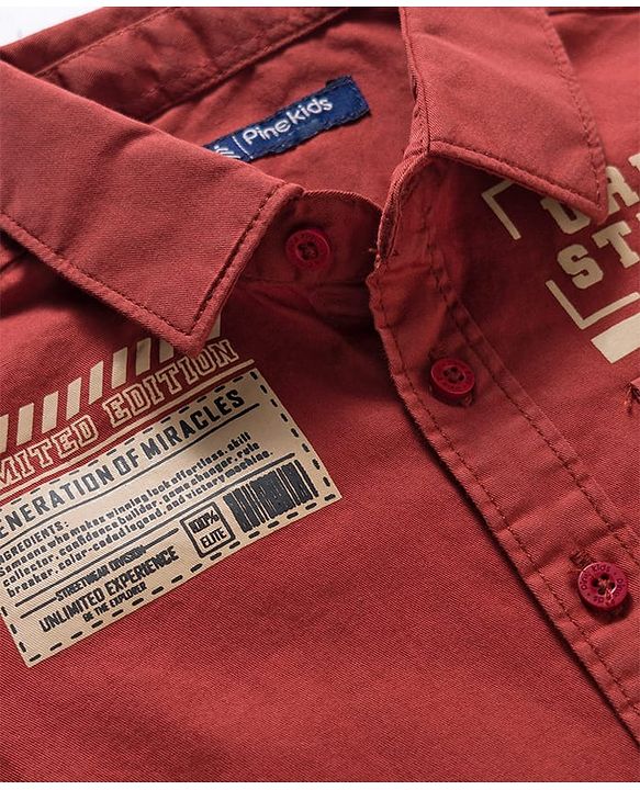Pine Kids Cotton Woven Full Sleeves Shirt With Text Print - Rust