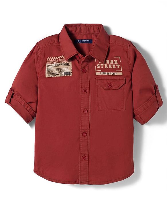 Pine Kids Cotton Woven Full Sleeves Shirt With Text Print - Rust