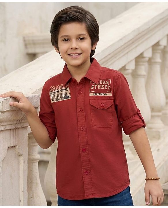 Pine Kids Cotton Woven Full Sleeves Shirt With Text Print - Rust
