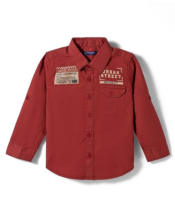 Pine Kids Cotton Woven Full Sleeves Shirt With Text Print - Rust