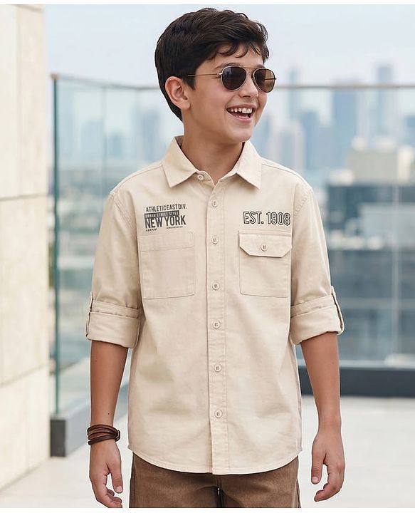 Pine Kids Cotton Woven Full Sleeves Shirt With New York Print - Beige