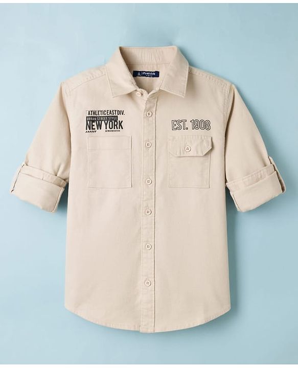 Pine Kids Cotton Woven Full Sleeves Shirt With New York Print - Beige