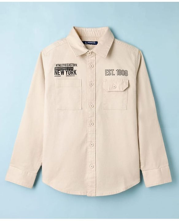 Pine Kids Cotton Woven Full Sleeves Shirt With New York Print - Beige