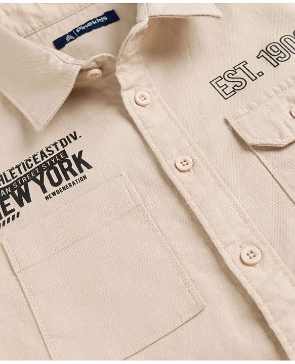 Pine Kids Cotton Woven Full Sleeves Shirt With New York Print - Beige