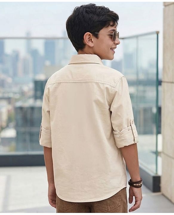 Pine Kids Cotton Woven Full Sleeves Shirt With New York Print - Beige