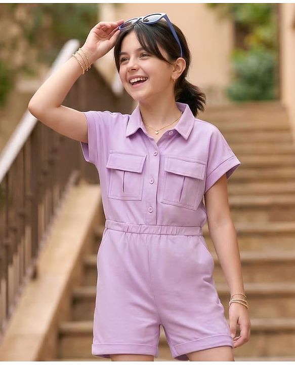 Pine Kids Cotton Lycra Knit Half Sleeves Solid Color Jumpsuit - Lilac