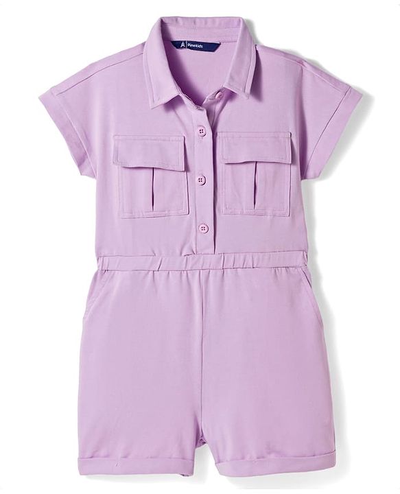 Pine Kids Cotton Lycra Knit Half Sleeves Solid Color Jumpsuit - Lilac