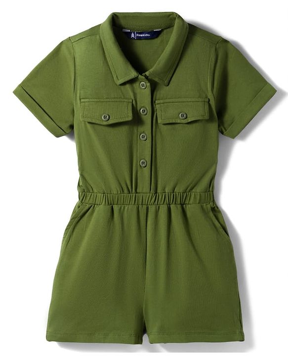 Pine Kids Cotton Lycra Knit Half Sleeves Solid Jumpsuit - Green